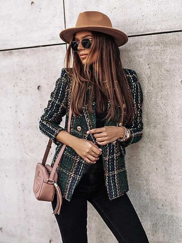 Stylish Women's Red Brown Tweed Plaid Blazer Jacket for Versatile Office Wear