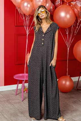 Sunset and Swim Checkered Cap Sleeve Wide Leg Jumpsuit with Pockets