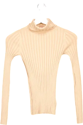 The Drop Beige Brown Ribbed Elastic Roll Over Necked Top UK XXS