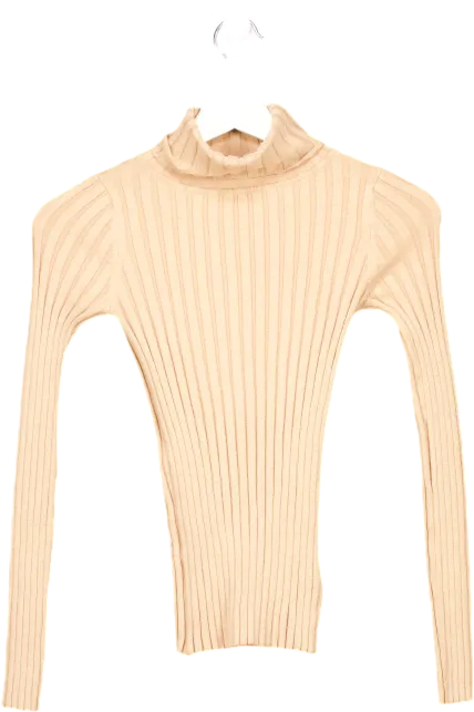 The Drop Beige Brown Ribbed Elastic Roll Over Necked Top UK XXS