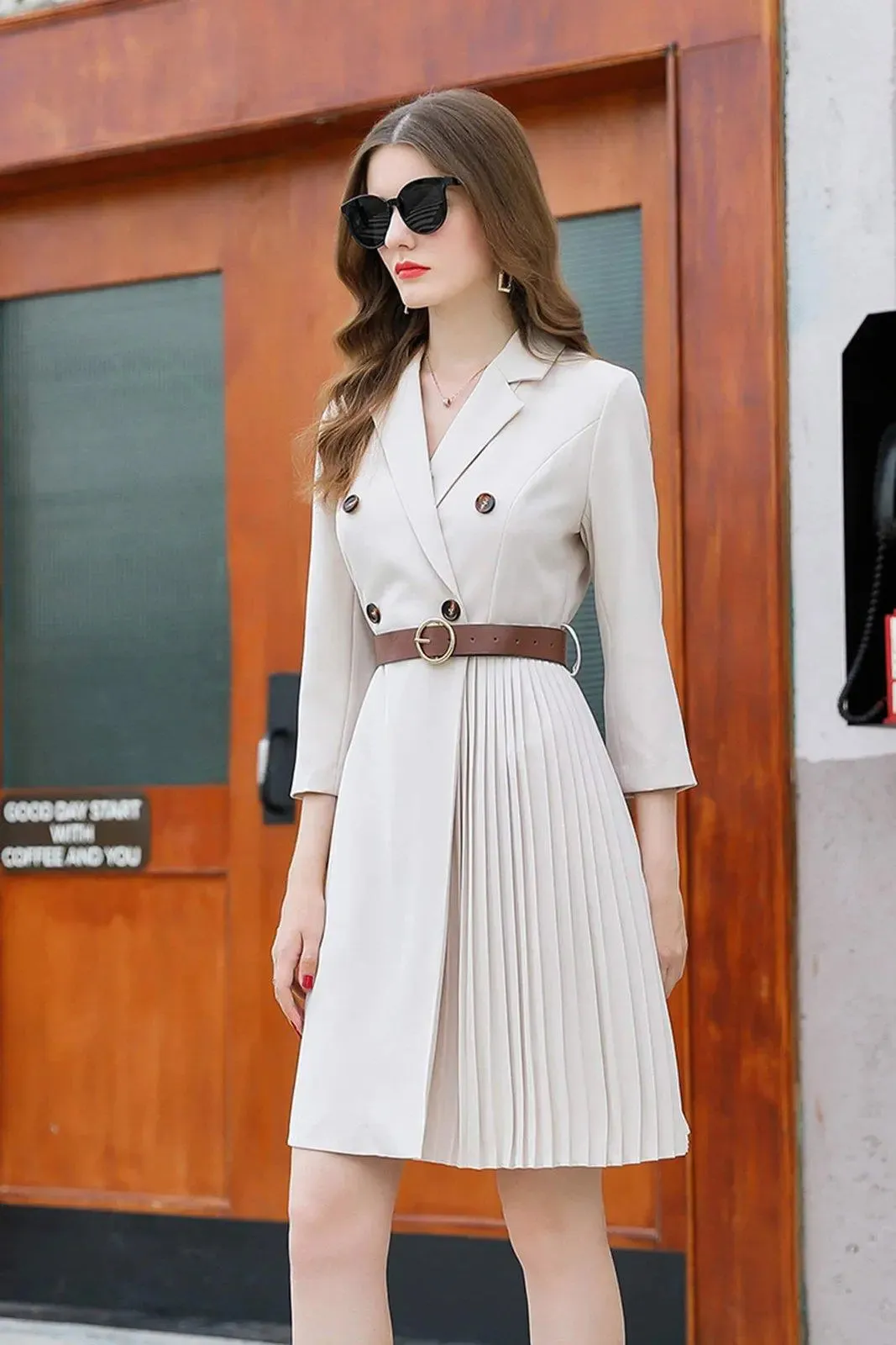 Three Quarter Sleeve Double Breasted Belted Blazer Dress