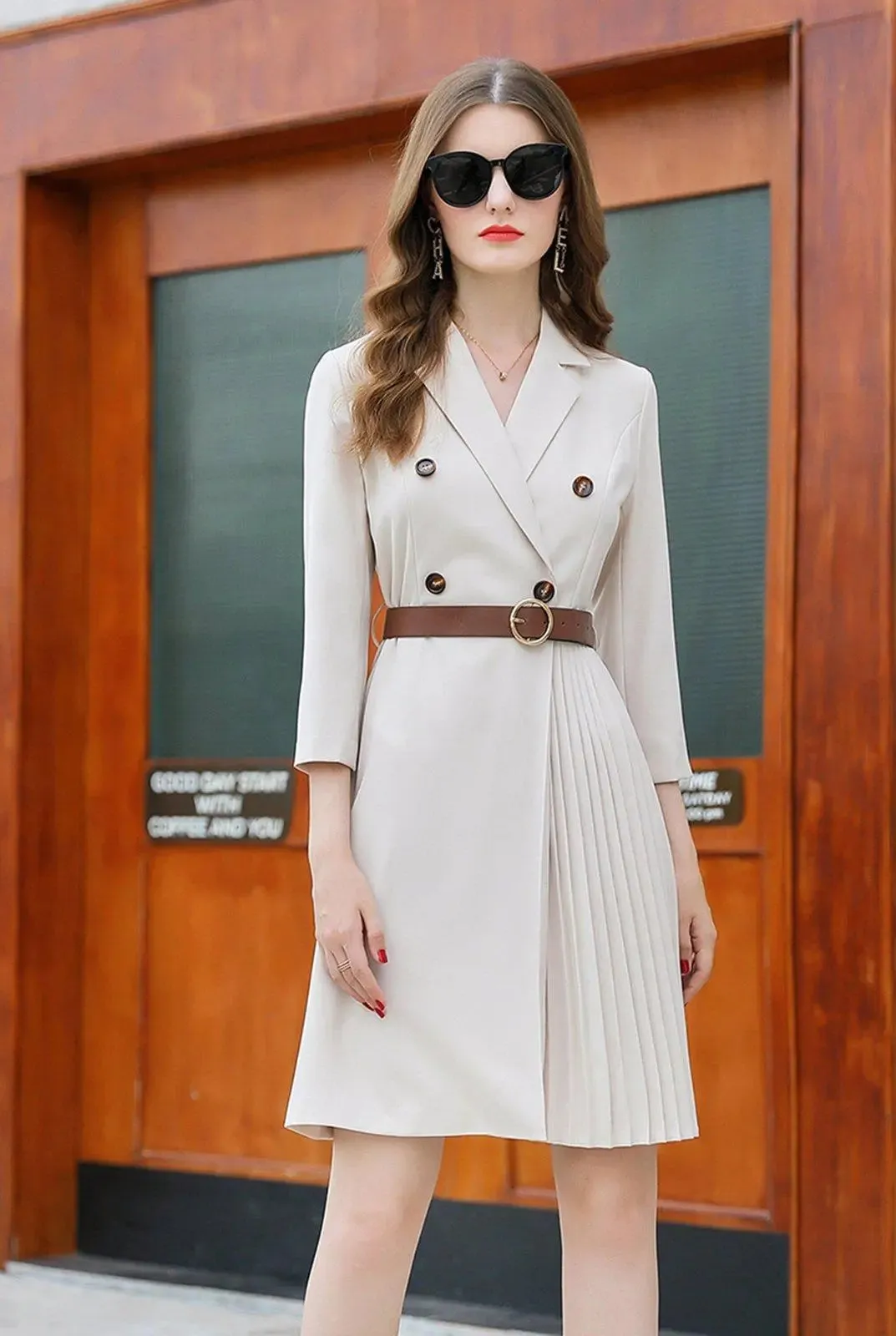 Three Quarter Sleeve Double Breasted Belted Blazer Dress