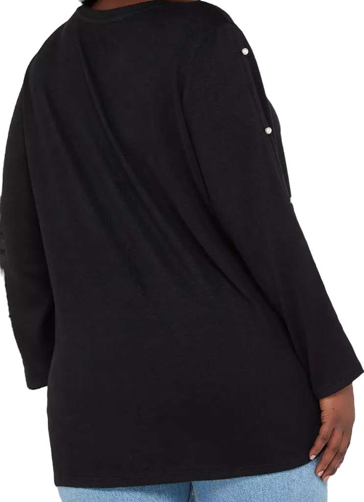 V by Very Curve Crew Neck Pearl embellished Sleeve Detail Top - Black UK 16