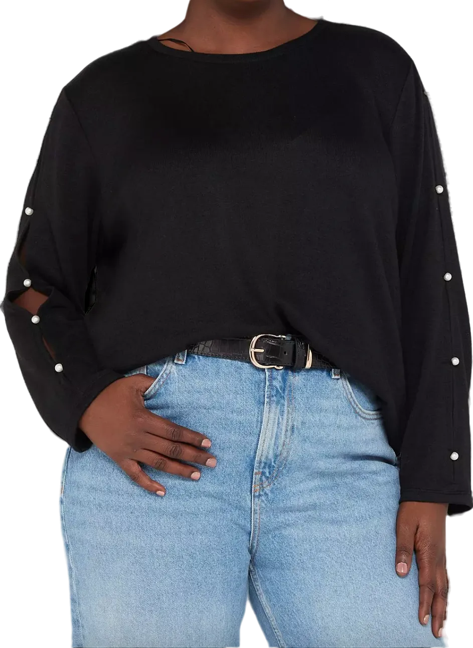 V by Very Curve Crew Neck Pearl embellished Sleeve Detail Top - Black UK 16