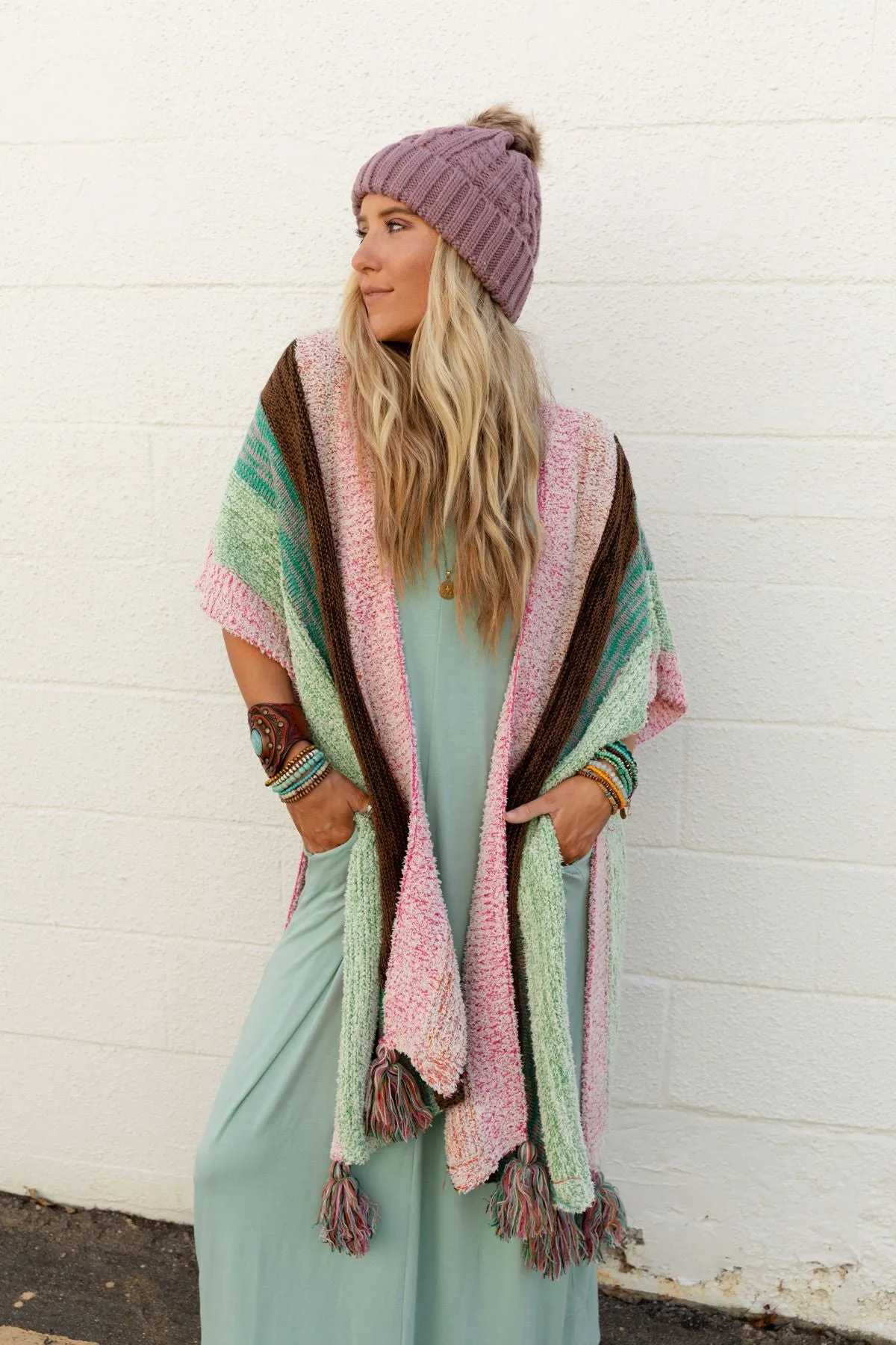 Wandering Soul Striped Tassel Ruana - Mint