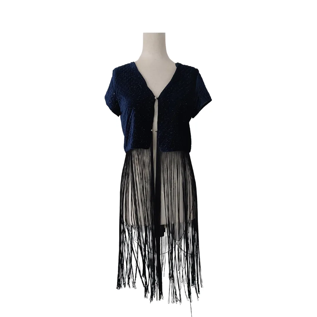 ZARA Navy Blue Velvet with Black Fringe Top | Gently Used |