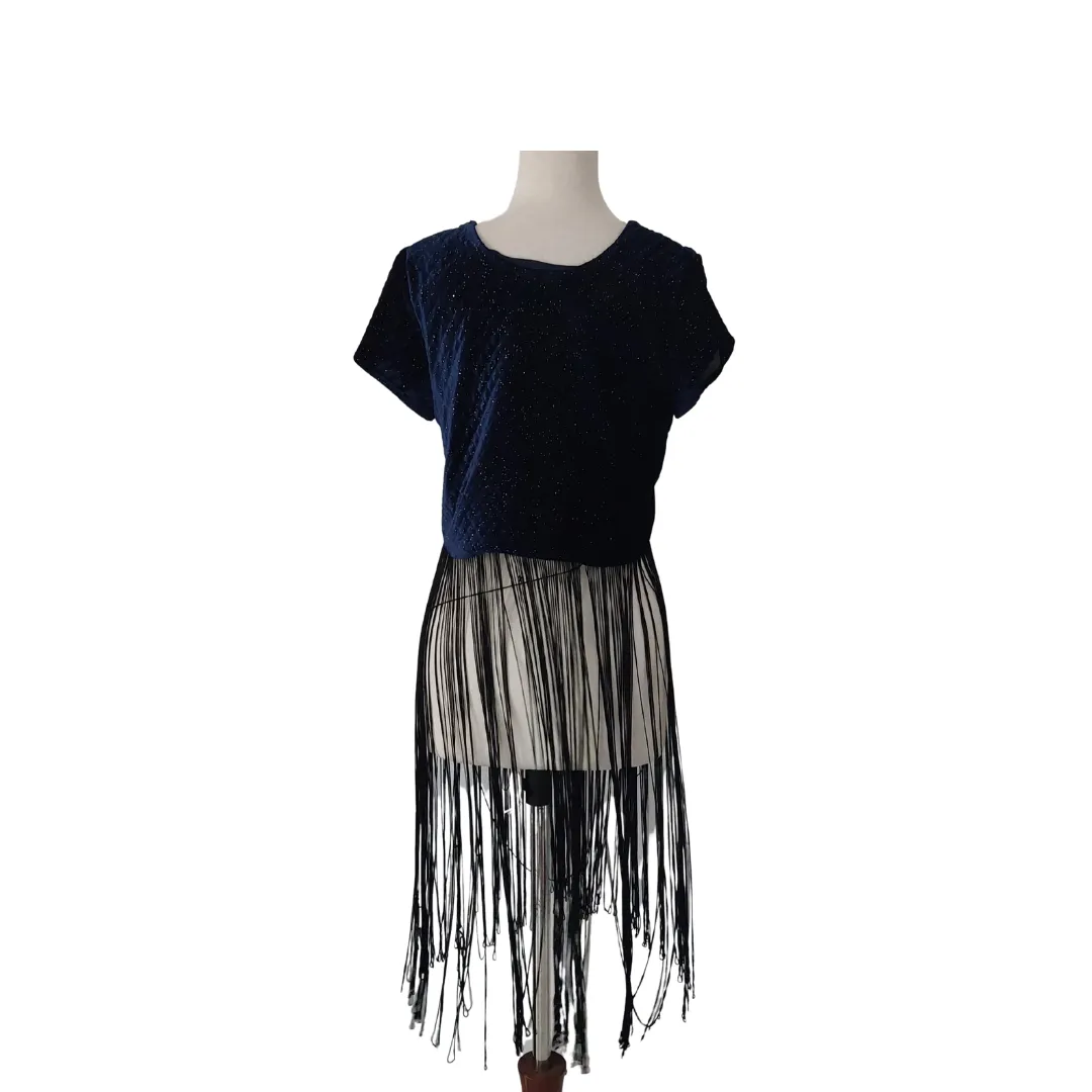 ZARA Navy Blue Velvet with Black Fringe Top | Gently Used |